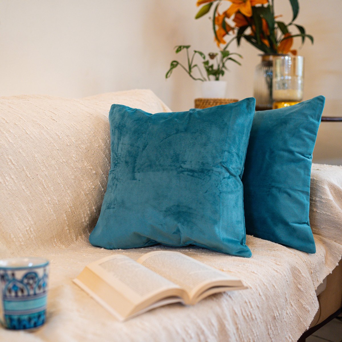 Suede Cushion Covers Aqua, 16" x 16", Pack of 2 - Coral Slub -